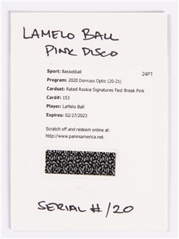 2020-21 Donruss Optic Basketball Rated Rookie Fast Break Pink Signatures #153 LaMelo Ball Redemption Card (#/20)